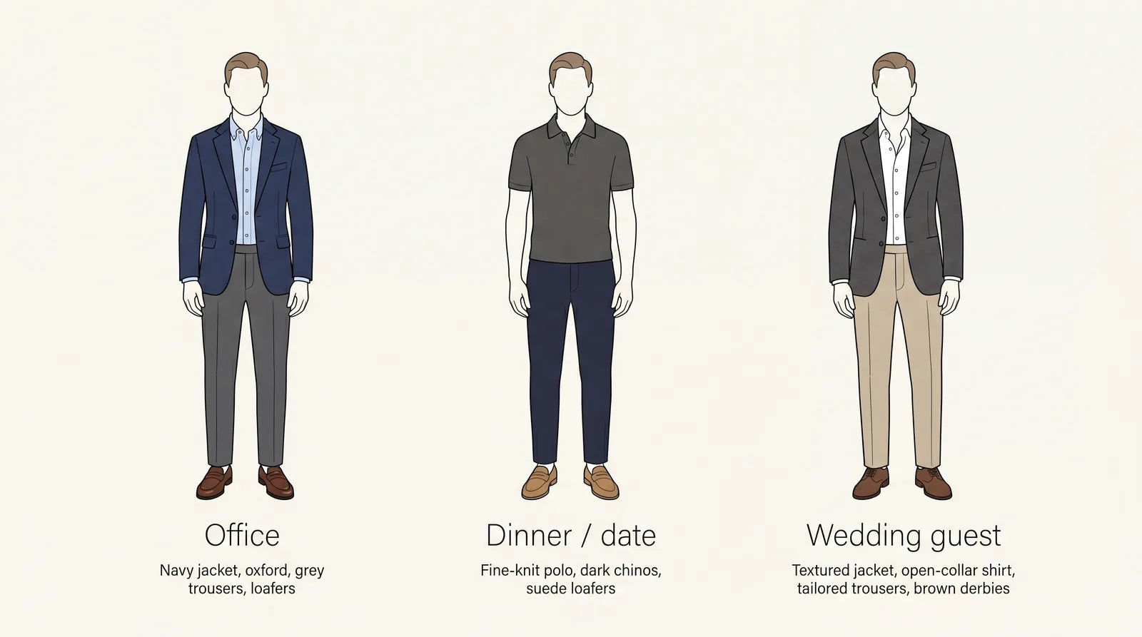 Smart casual outfits for the office, a dinner or date, and a wedding guest