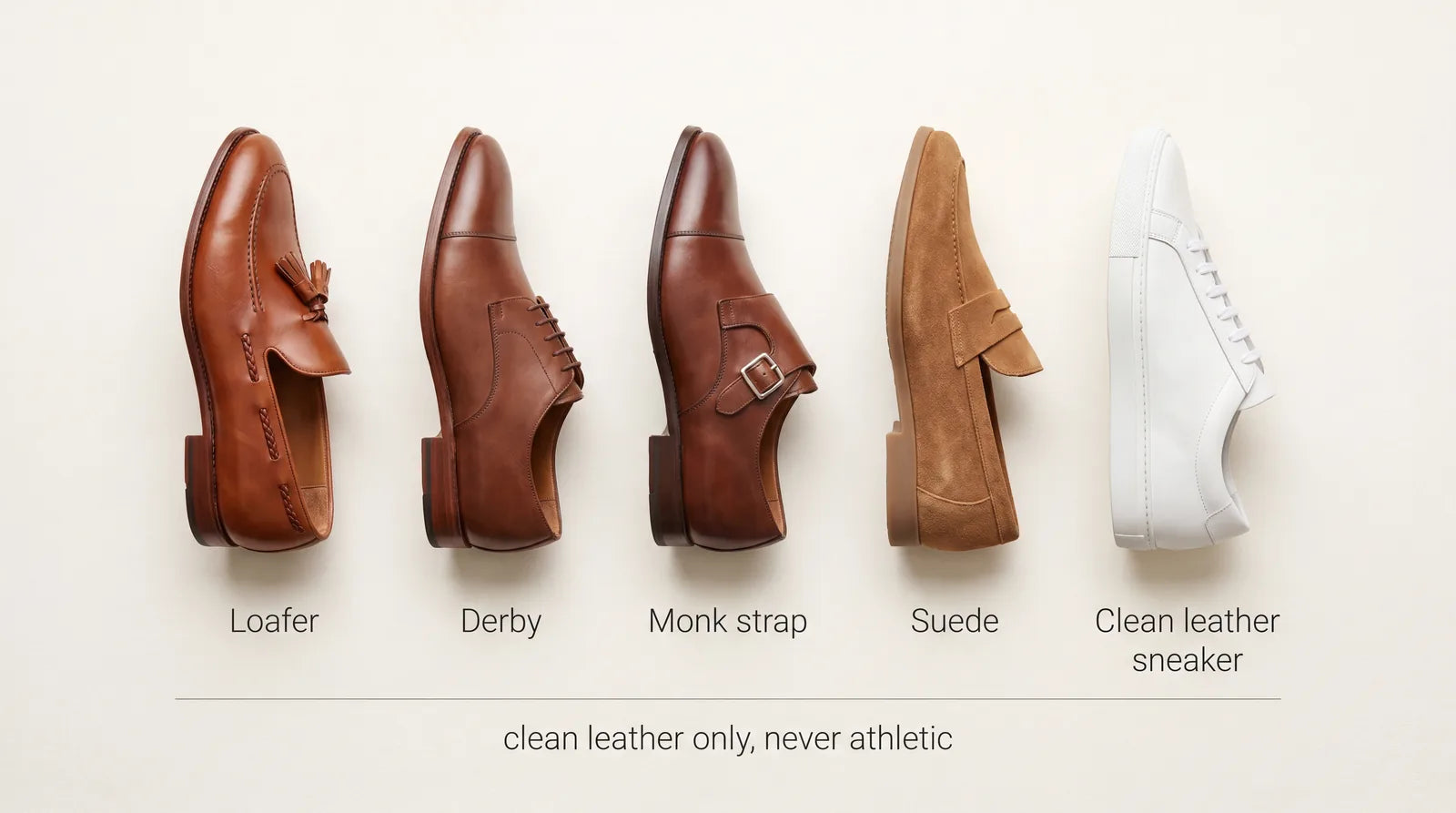 Smart casual shoes: loafer, derby, monk strap, suede, and a clean leather sneaker