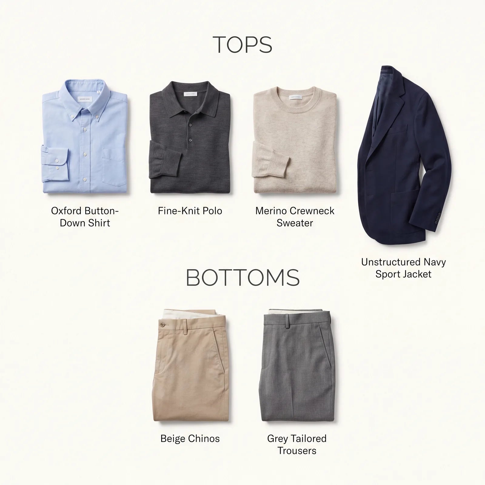 Smart casual tops and bottoms: oxford shirt, knit polo, merino sweater, sport jacket, chinos, and tailored trousers