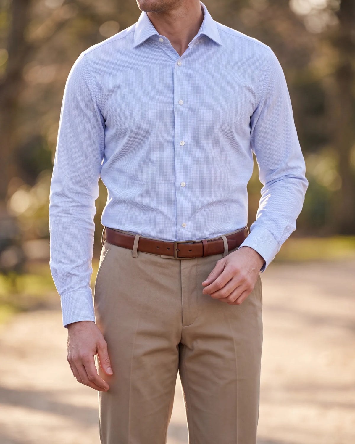 No jacket? A collared shirt with chinos, the default smart casual trouser, still makes a complete outfit.