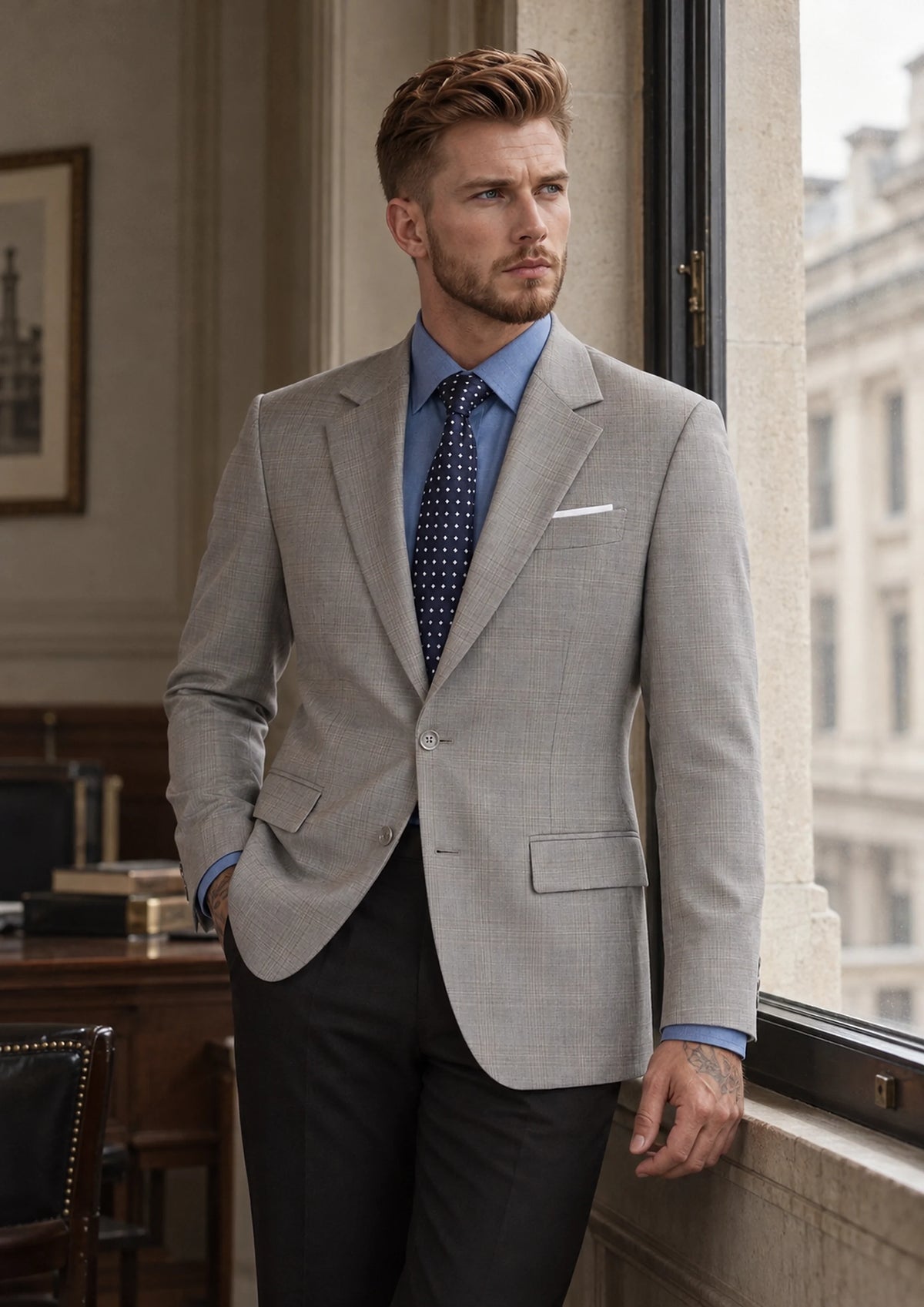 Spanish Grey Checked Jacket worn by a model, bank office window168