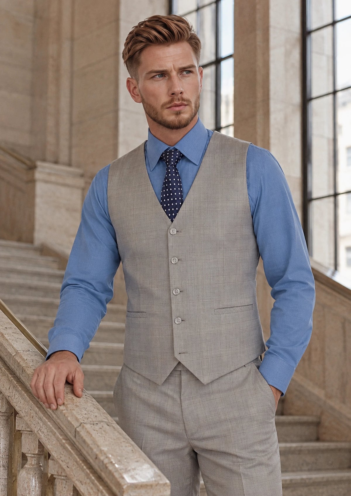 Spanish Grey Checked Vest worn by a model, office lobby 1930s566