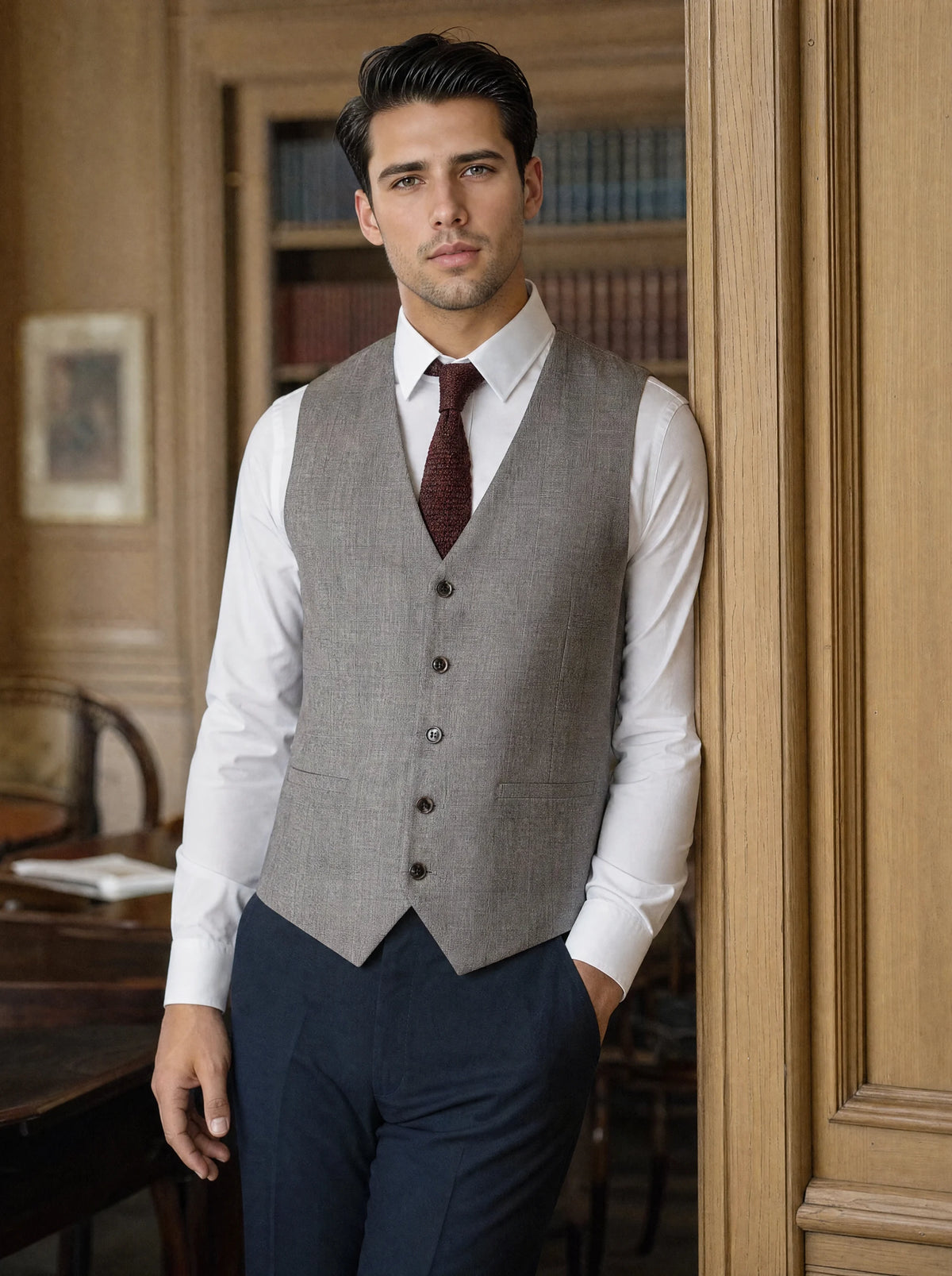 Spanish Grey Prince Of Wales Vest worn by a model, club reading room845