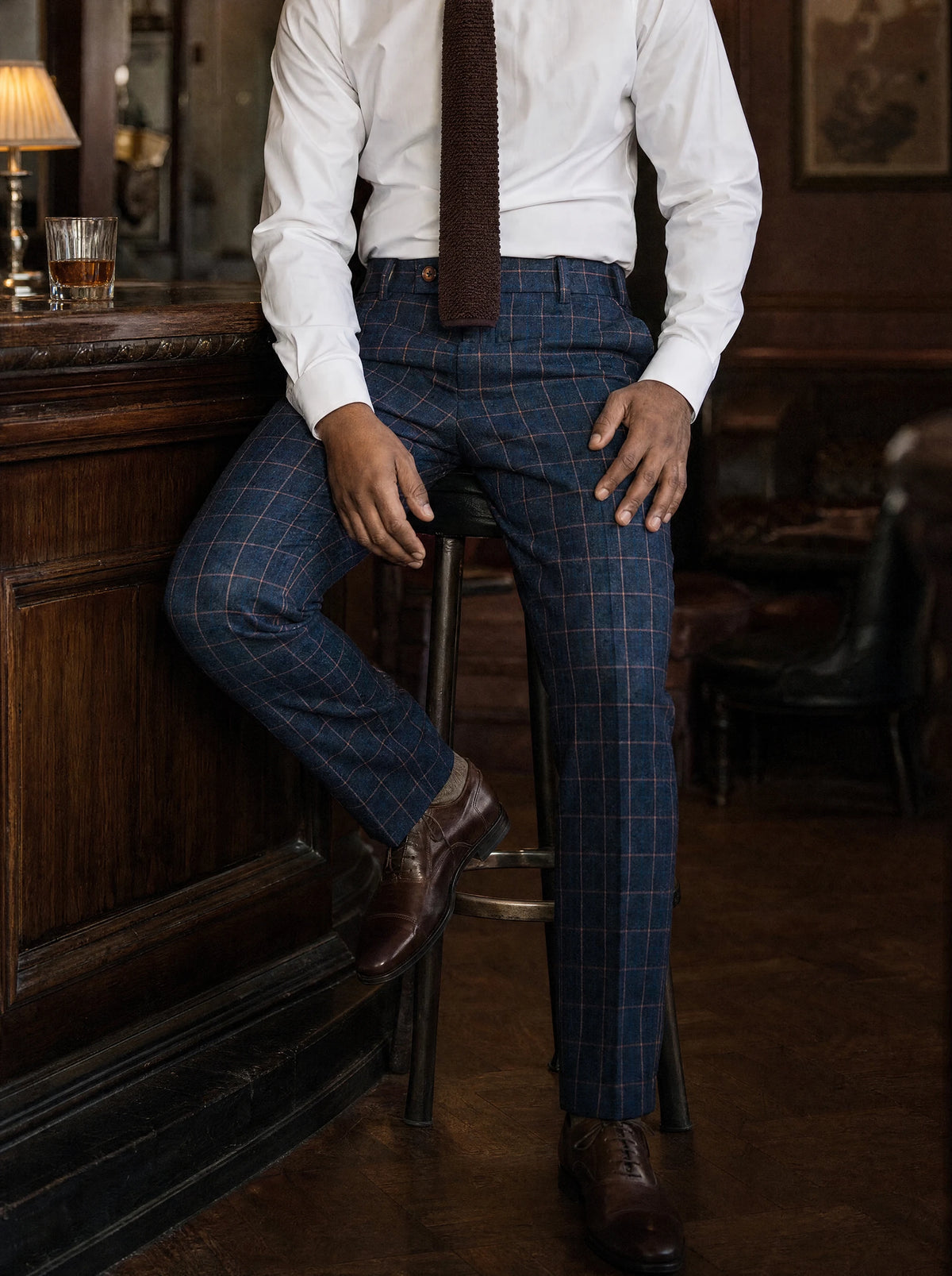 Spruce Blue Flannel Windowpane Pants worn by a model, club whisky bar556
