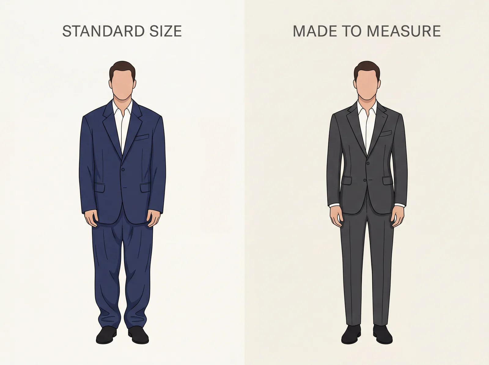 A standard-size suit compared with a made-to-measure suit