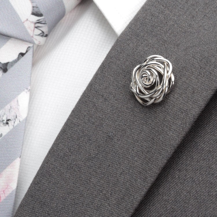 Sterling Silver Rhodium Plated Rose Lapel Pin - SARTORO684