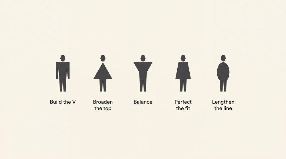 Styling goal by body shape: build the V, broaden the top, balance, perfect the fit, and lengthen the line