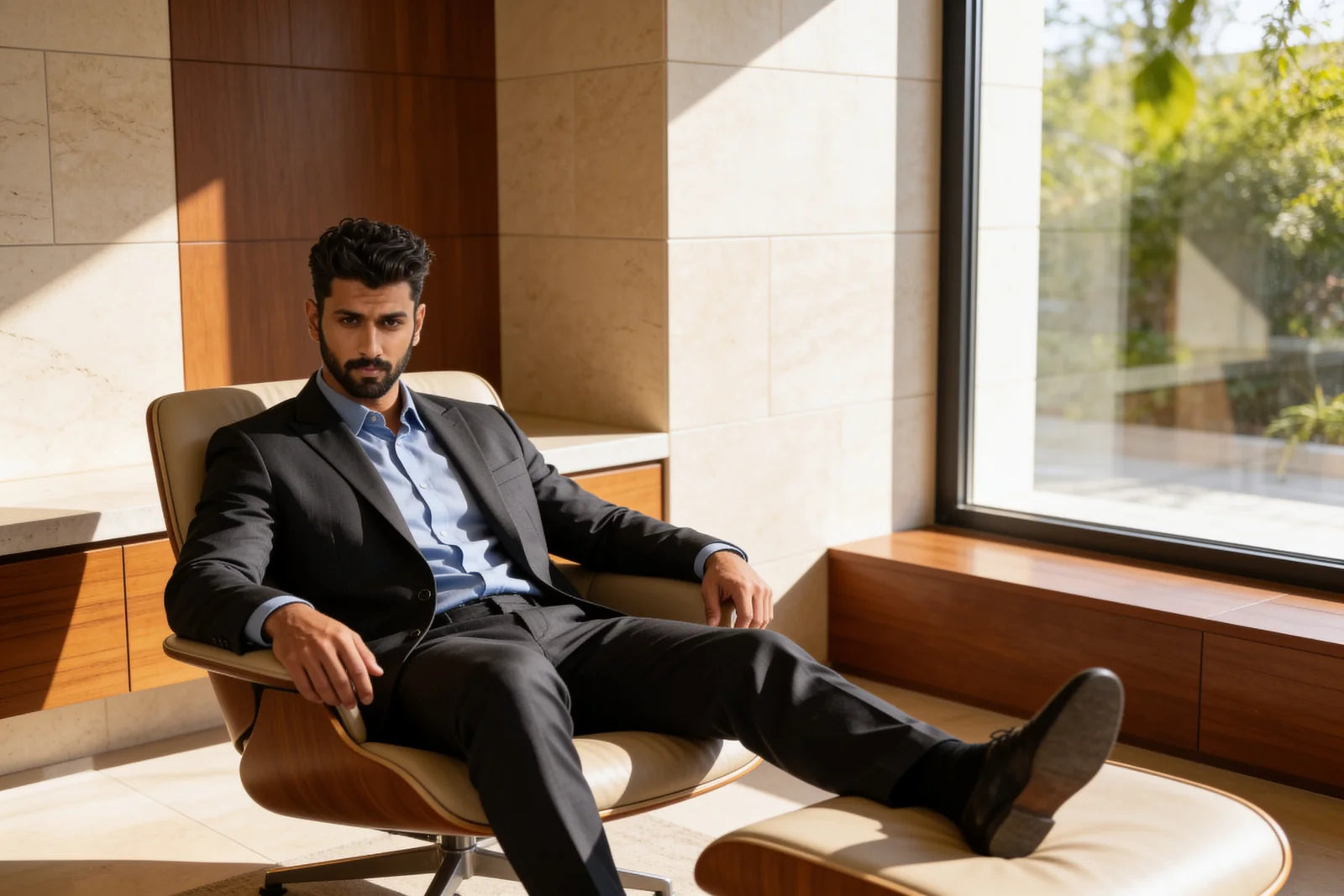 Man in a charcoal grey suit with a light blue shirt seated in a modern interior