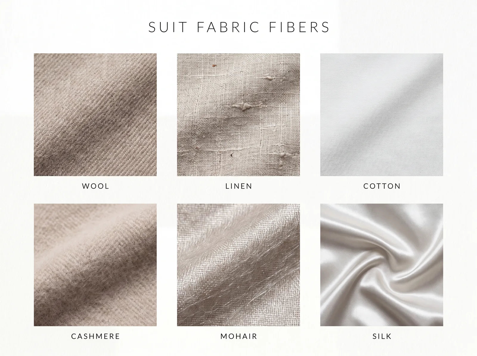 Suit fabric fibers compared: wool, linen, cotton, cashmere, mohair and silk swatches