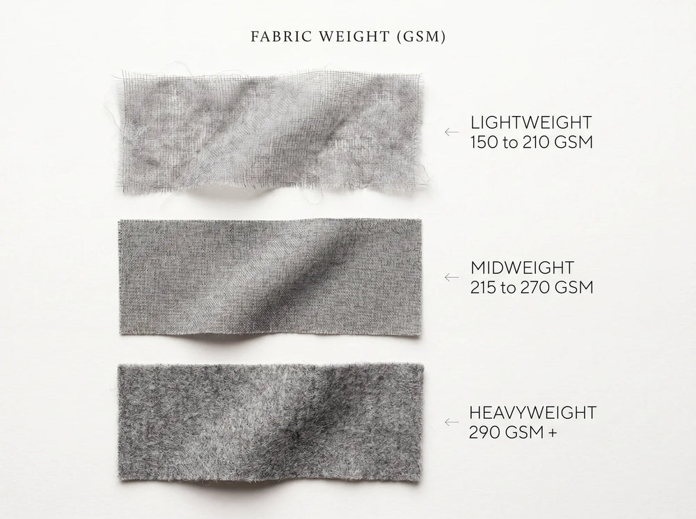 Suit fabric weight ladder in GSM: lightweight 150 to 210, midweight 215 to 270, heavyweight 290 plus