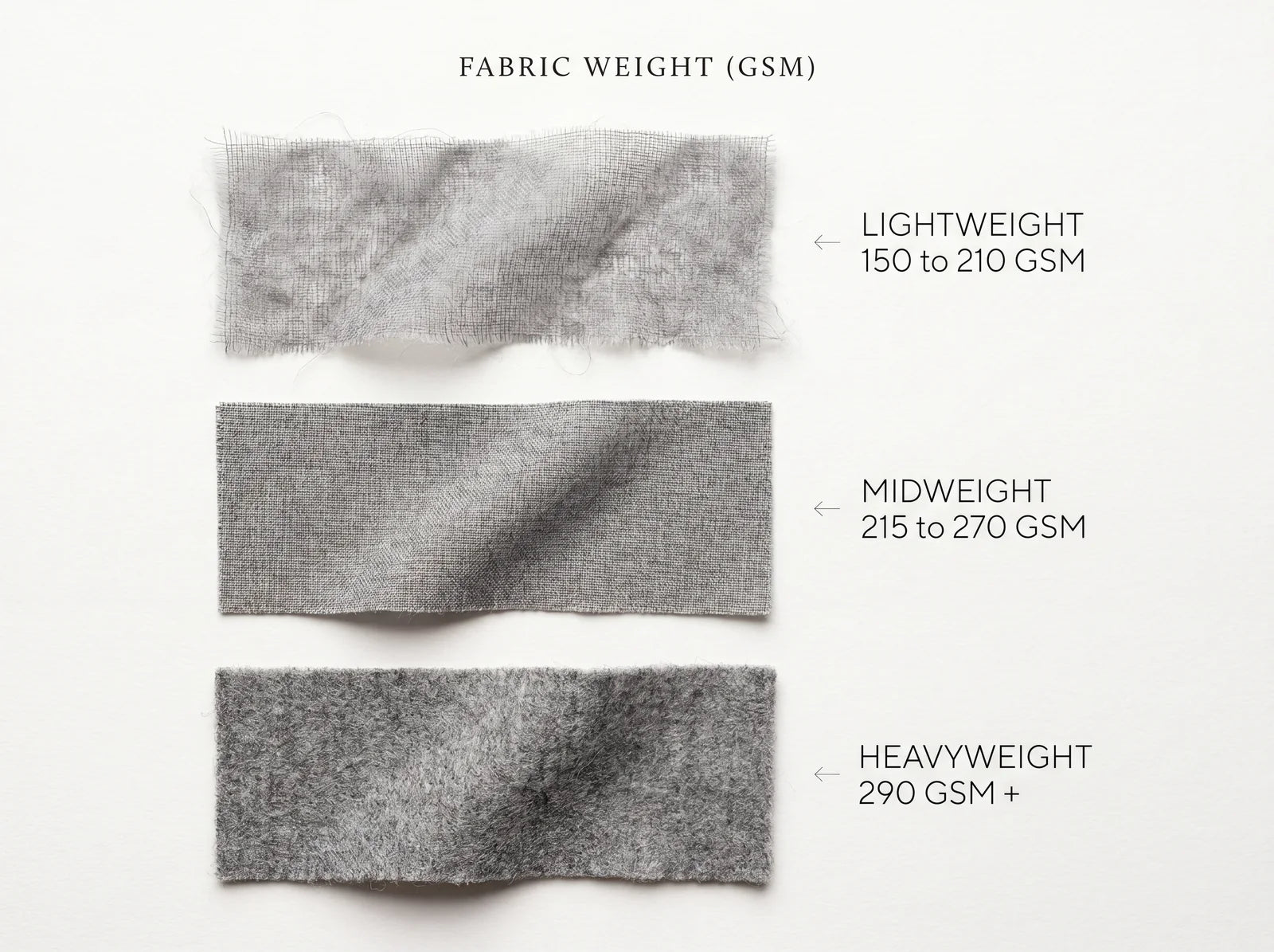 Suit fabric weight ladder in GSM: lightweight 150 to 210, midweight 215 to 270, heavyweight 290 plus