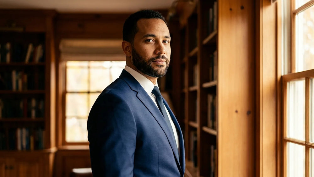 A man in a well-fitted navy suit jacket showing correct shoulder and chest fit.