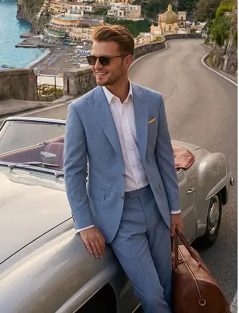 A man wearing a light blue suit, white dress shirt, and sunglasses leans against a vintage silver convertible car on a coastal road with buildings and blue water in the background.