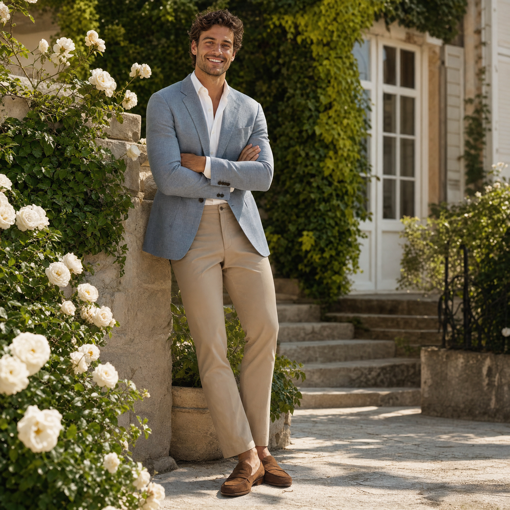 Man in a dusty blue linen sport coat at a sunlit garden terrace wedding