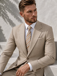 A man wearing a light beige suit, white dress shirt, and a beige and white striped tie, seated against a textured light gray wall with leaf shadows.