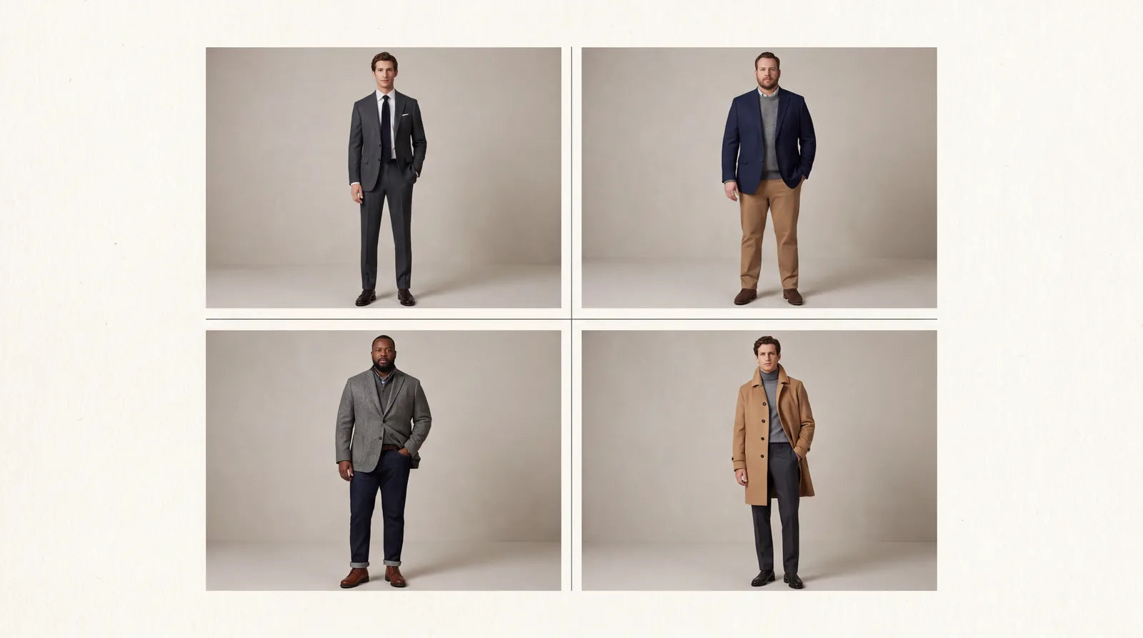 Four men of different builds in tailored outfits