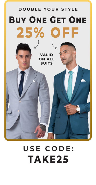 one grey and one teal suit. get 25% off your second suit with code TAKE25