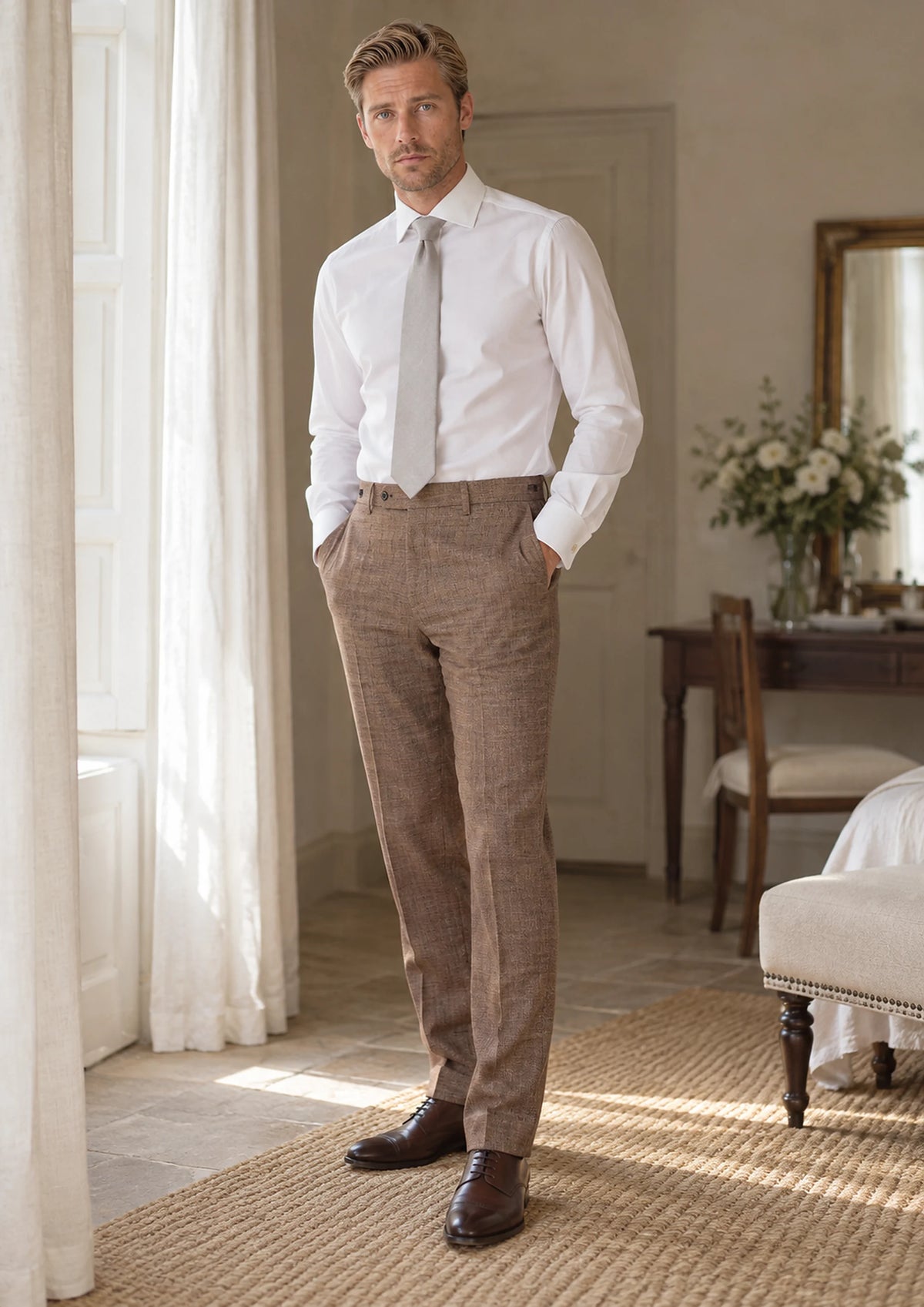 Tawny Brown Hopsack Pants worn by a model, villa dressing room739