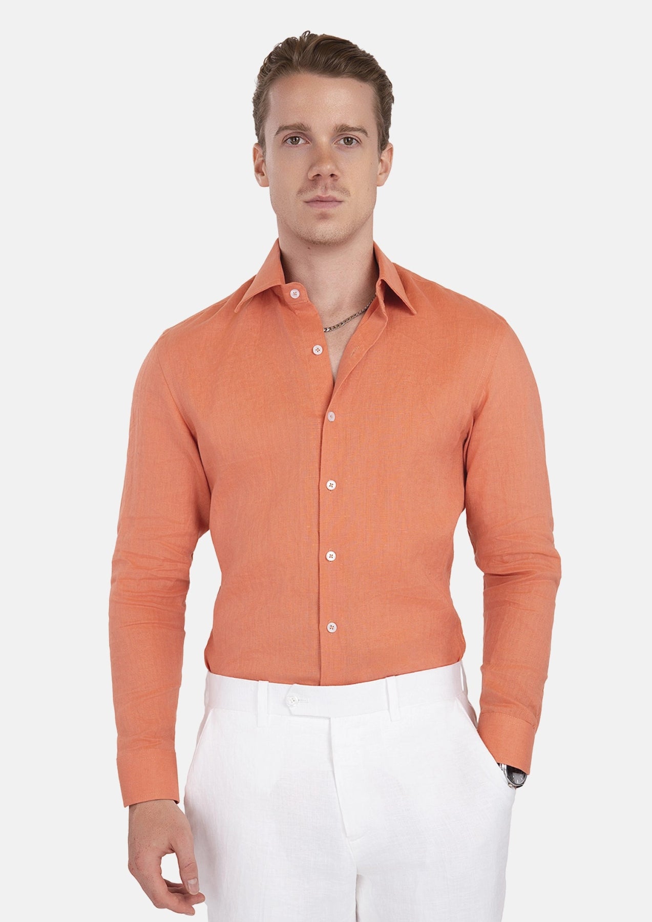Terracotta Orange Linen Shirt - SARTORO