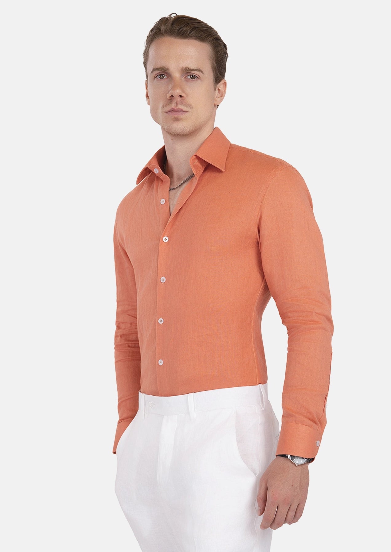 Terracotta Orange Linen Shirt - SARTORO