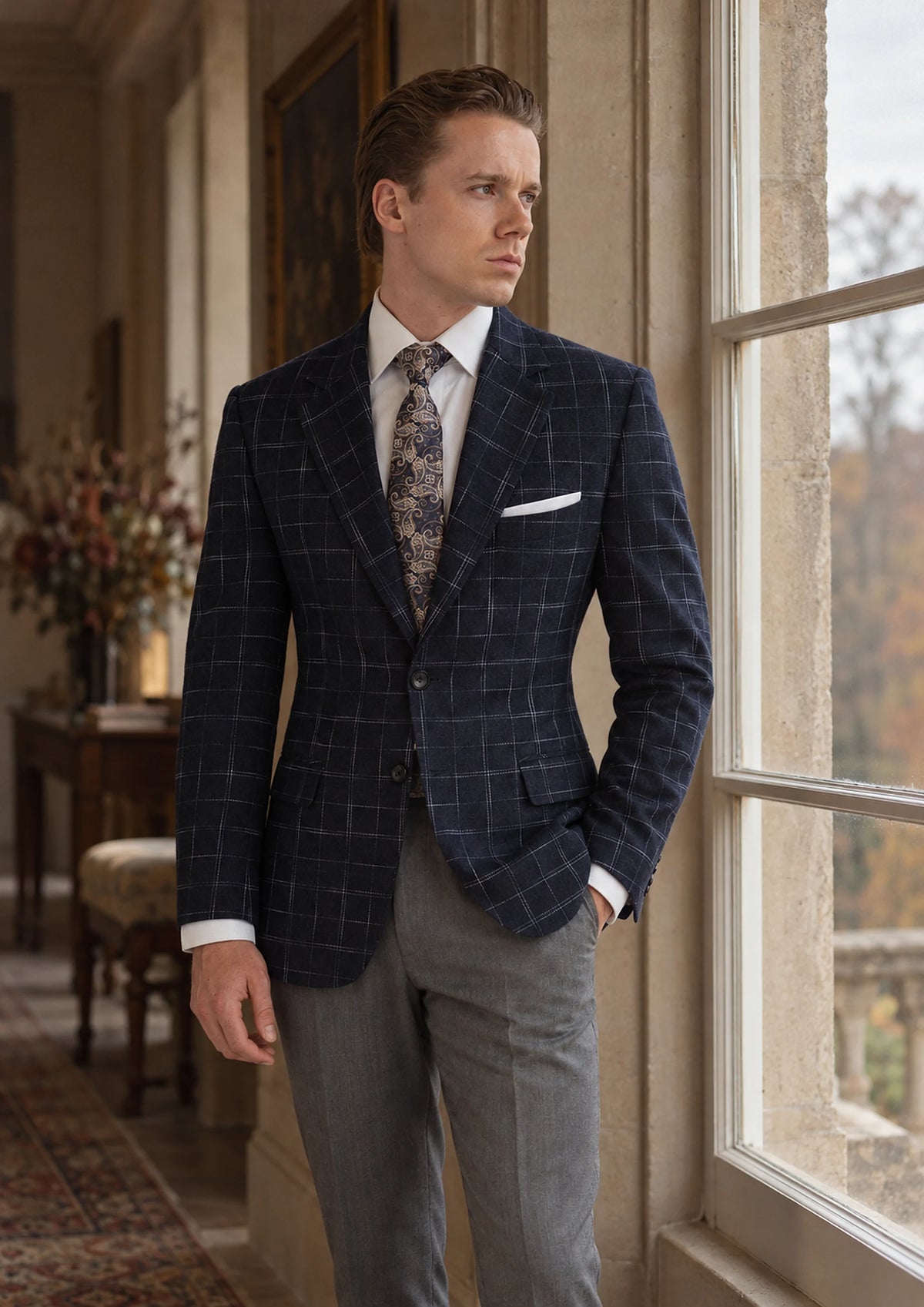 Navy Flannel Windowpane Jacket worn by a model, country house hall284