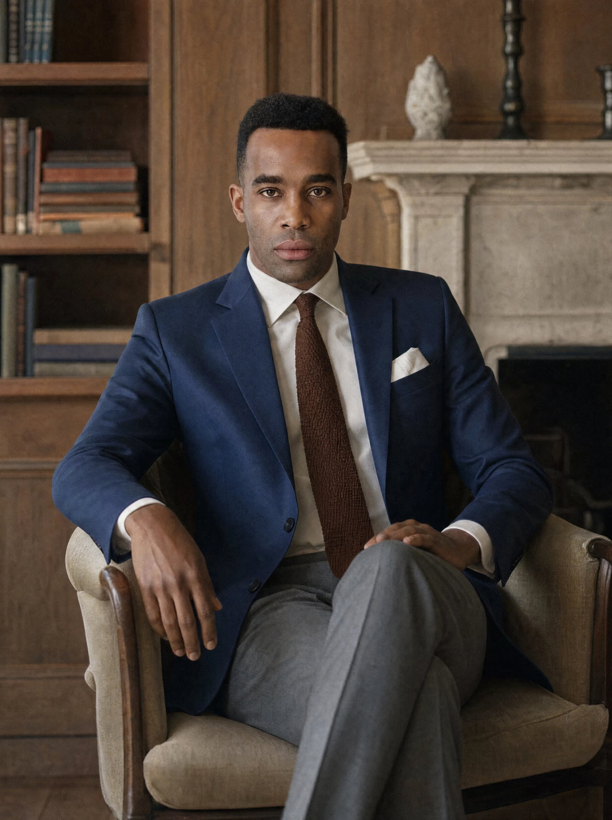 Thompson Navy Twill Jacket worn by a model, country house library688