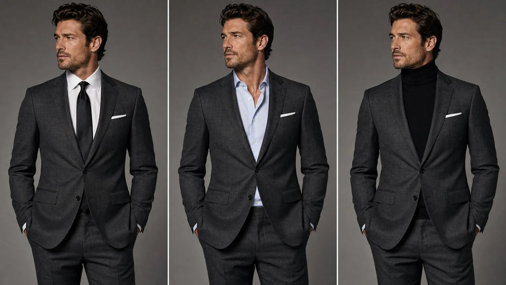 One charcoal suit at three formality levels — white shirt and tie for formal, open collar for business casual, turtleneck for evening