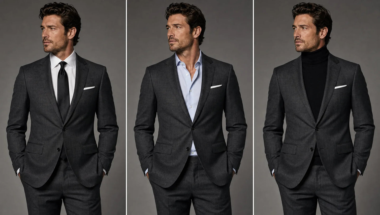 One charcoal suit at three formality levels — white shirt and tie for formal, open collar for business casual, turtleneck for evening