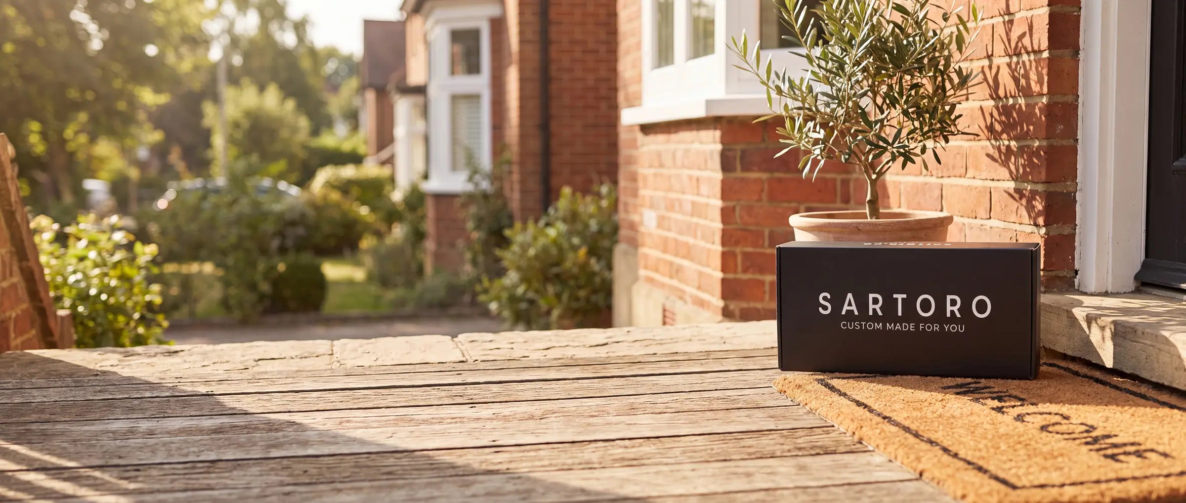 A black rectangular Sartoro doormat sign placed on a wooden porch in front of a brick house. The sign reads 'SARTORO CUSTOM MADE FOR YOU' and sits beside a potted plant on a doormat.