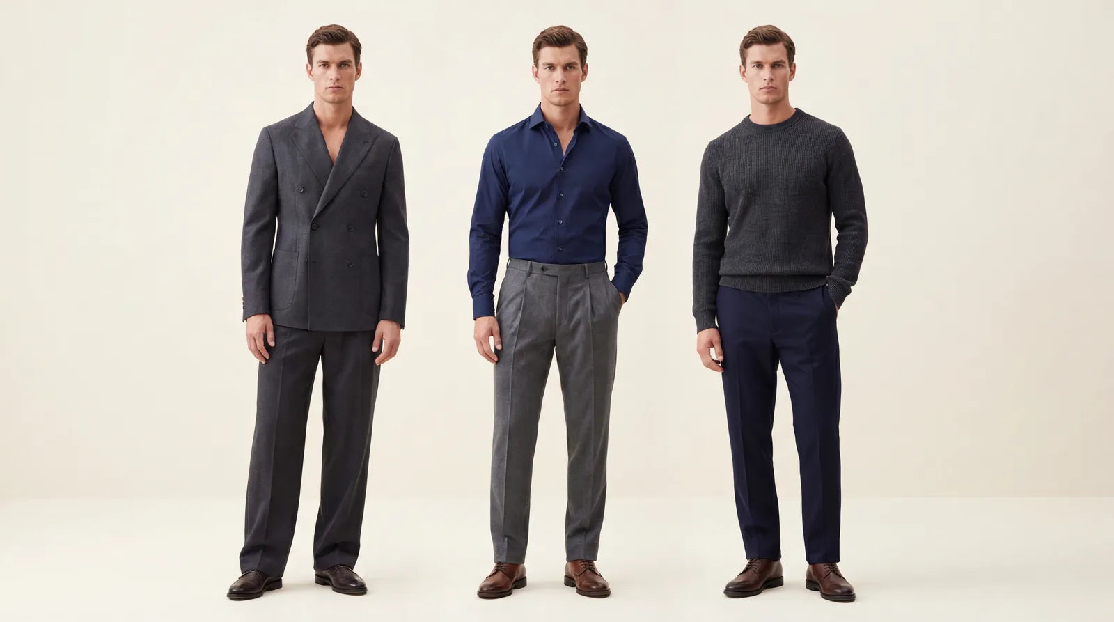 Three athletic-build men in well-fitted tailored outfits