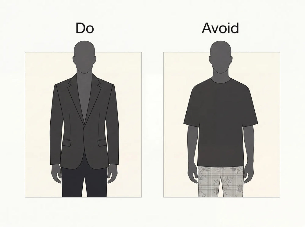 A structured top with dark trousers compared with a plain top over pale busy trousers
