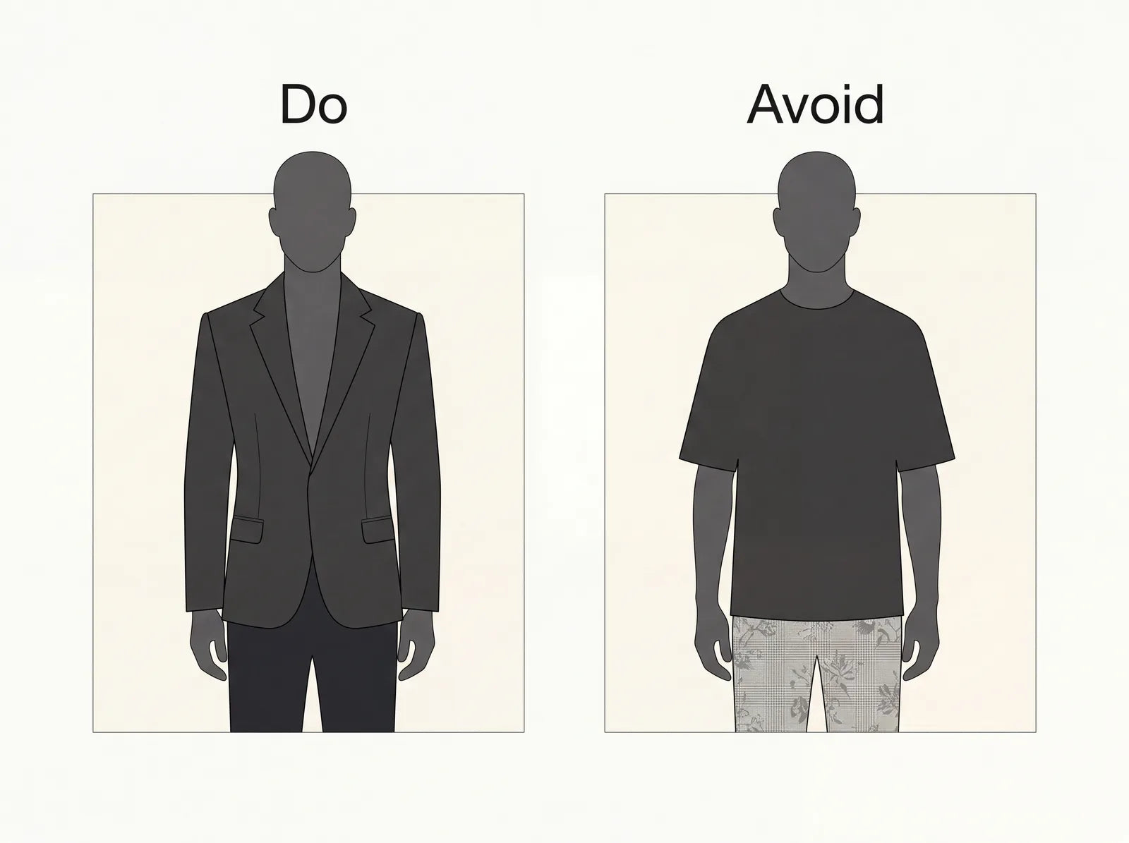 A structured top with dark trousers compared with a plain top over pale busy trousers