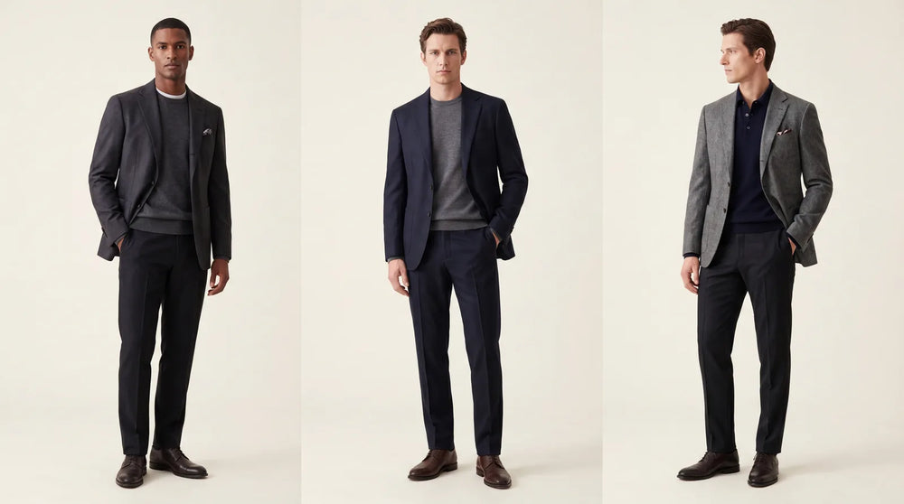 Three men in structured-shoulder jackets with clean dark trousers