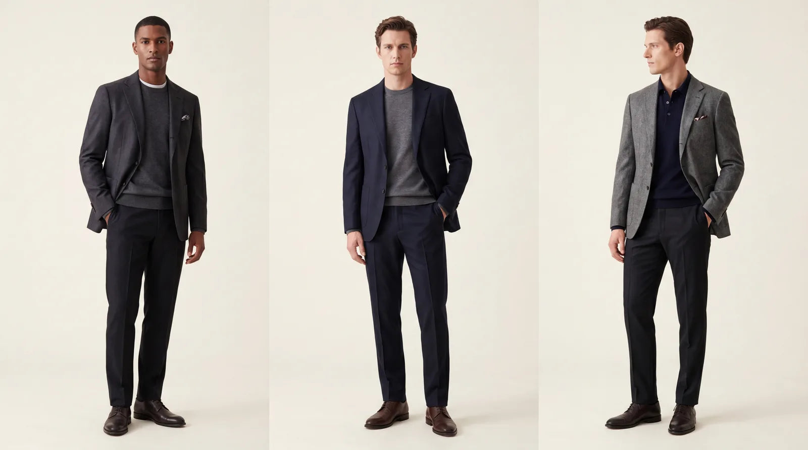 Three men in structured-shoulder jackets with clean dark trousers