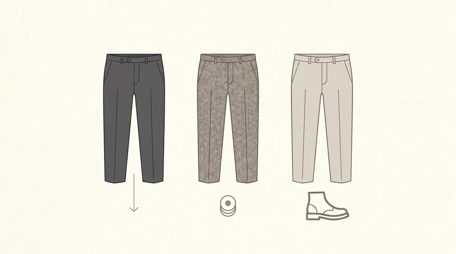 Straight-leg, textured, and lighter trousers that add visual weight to the lower body