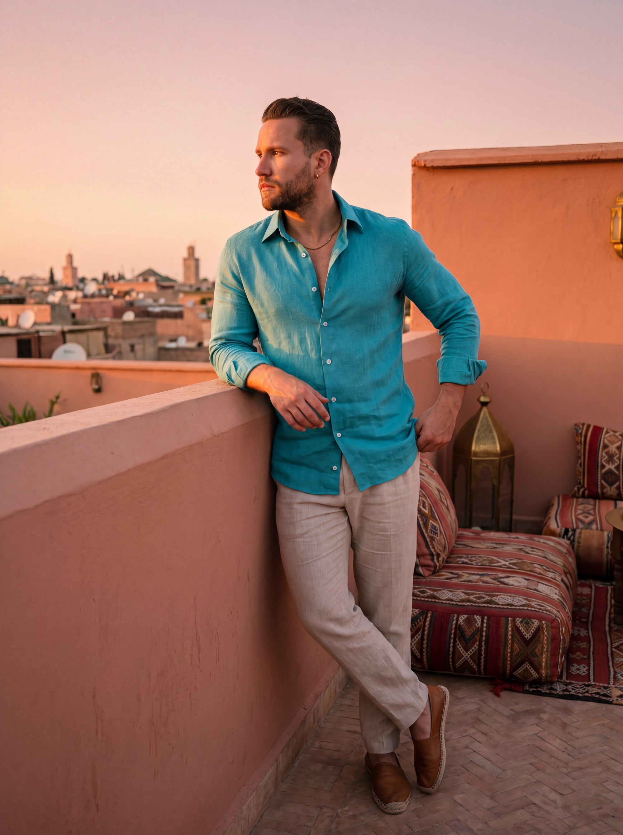 turkish-blue-linen-shirt-marrakech-rooftop-sunset454