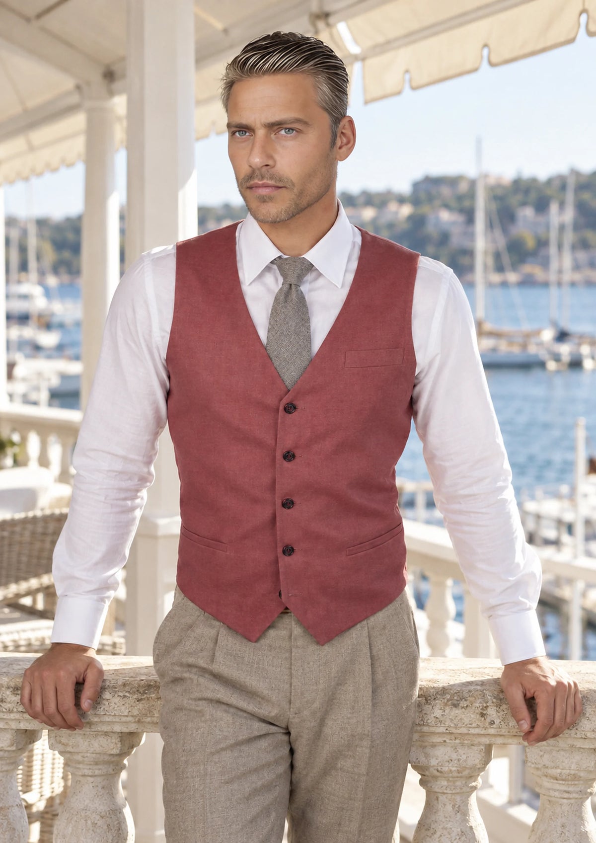 Tuscan Red Linen Vest worn by a model, yacht club veranda79