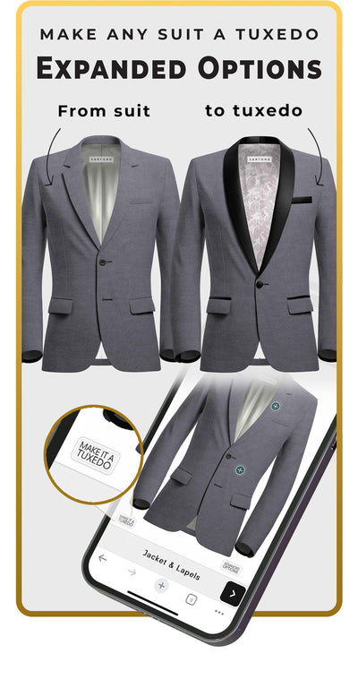display of the suit design tool. make any suit into a tuxedo