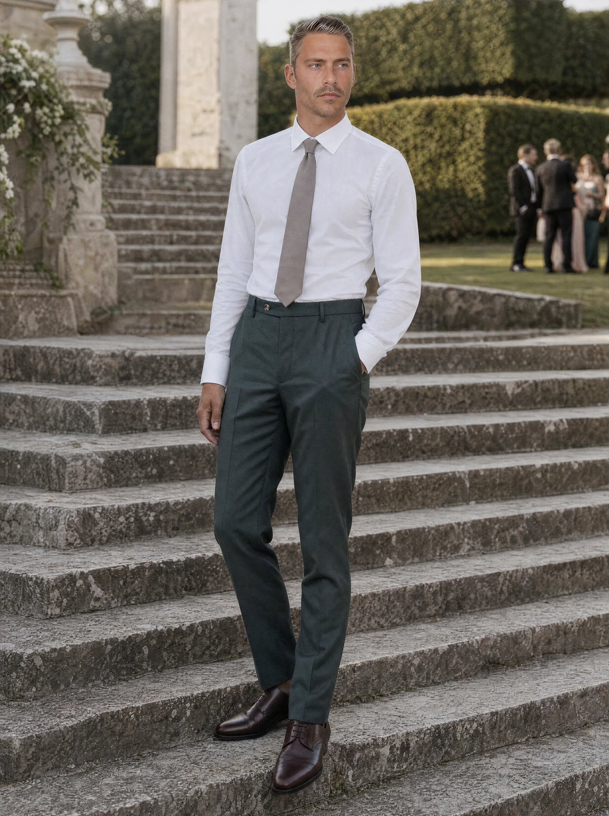 Vintage Green Twill Pants worn by a model, estate terrace steps155
