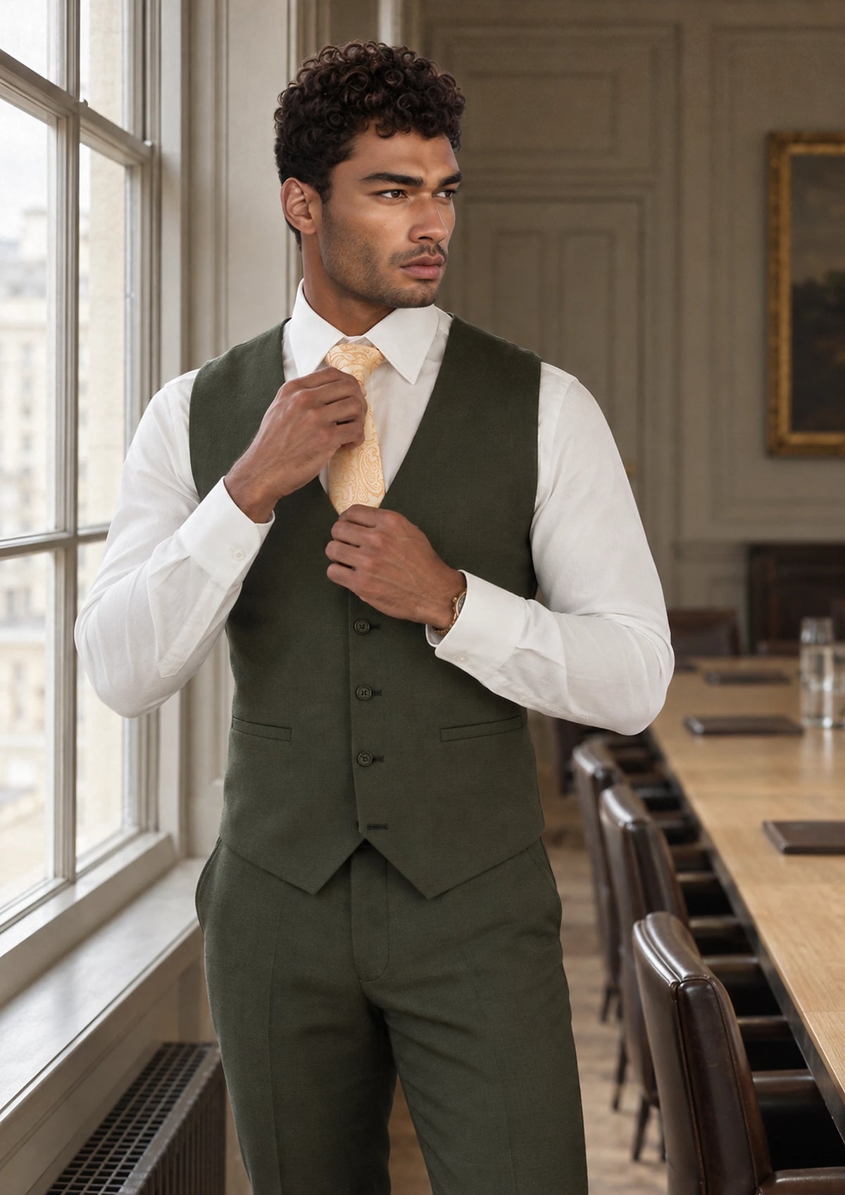 Vintage Olive Vest worn by a model, law firm boardroom558