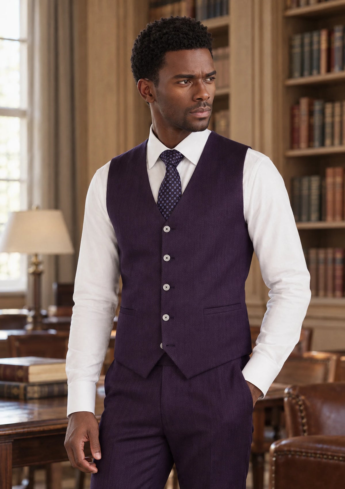 Violet Herringbone Vest worn by a model, club reading room81