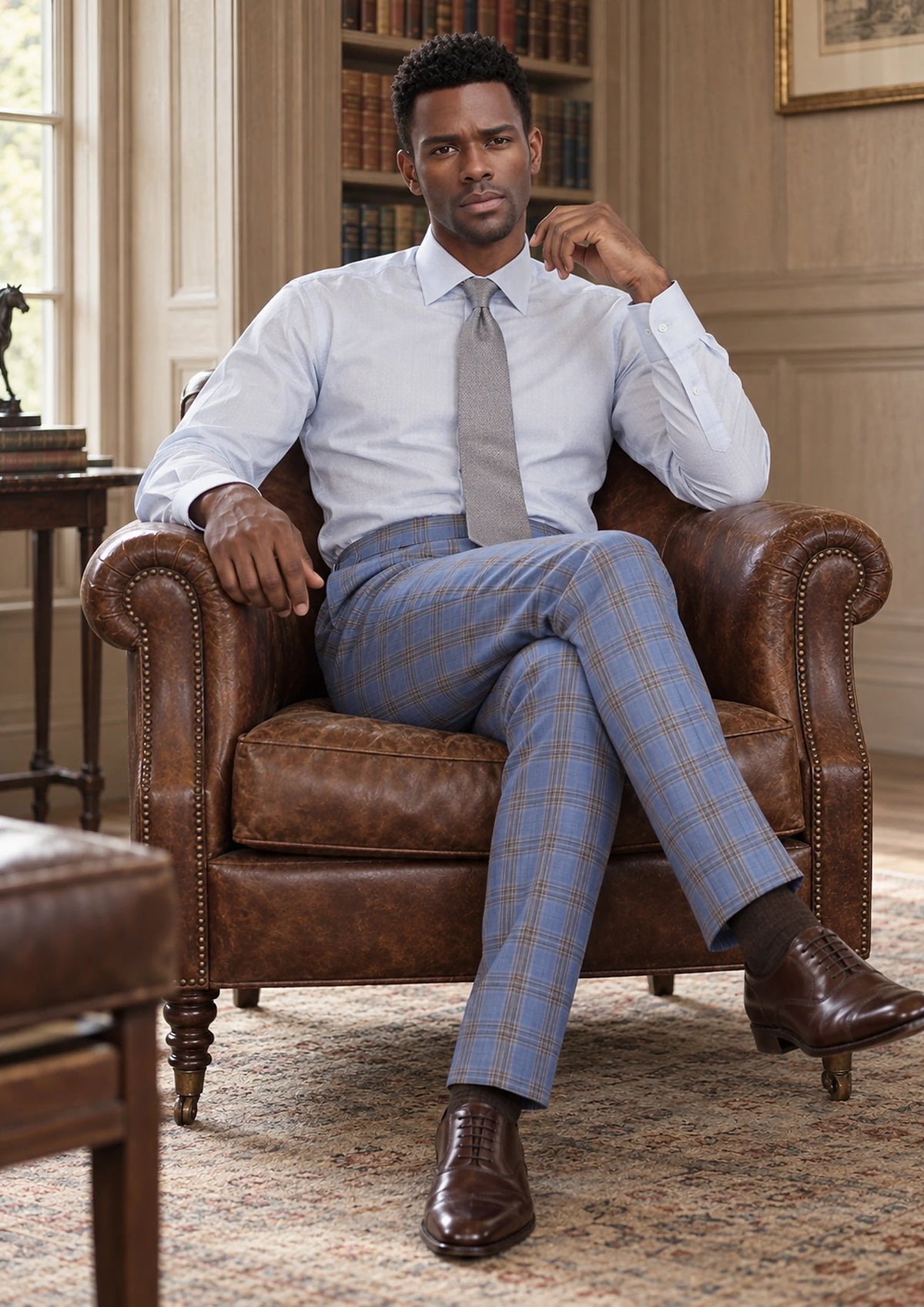 Vista Blue Checked Pants worn by a model, club reading room119