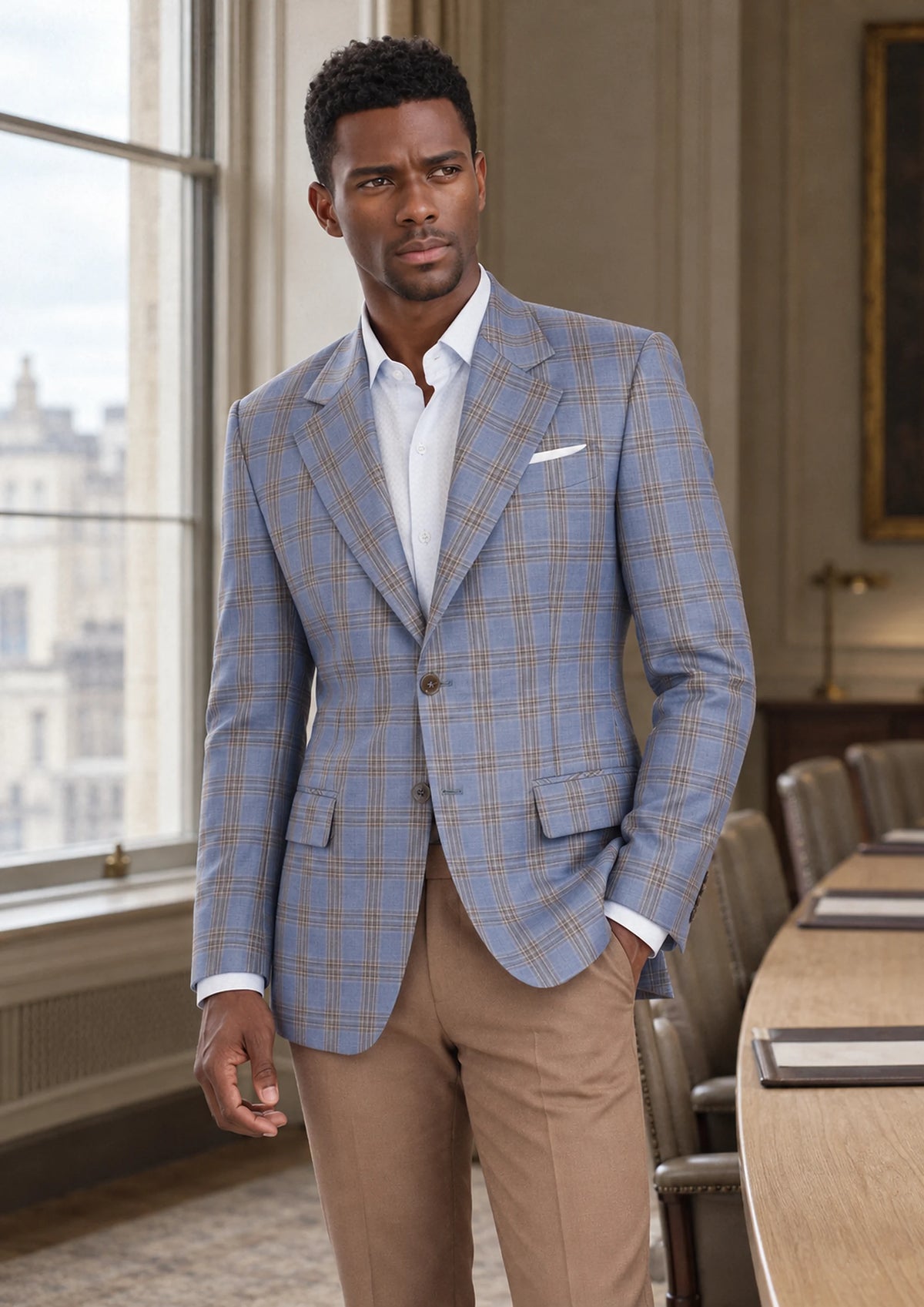 Vista Blue Checked Jacket worn by a model, law firm boardroom678