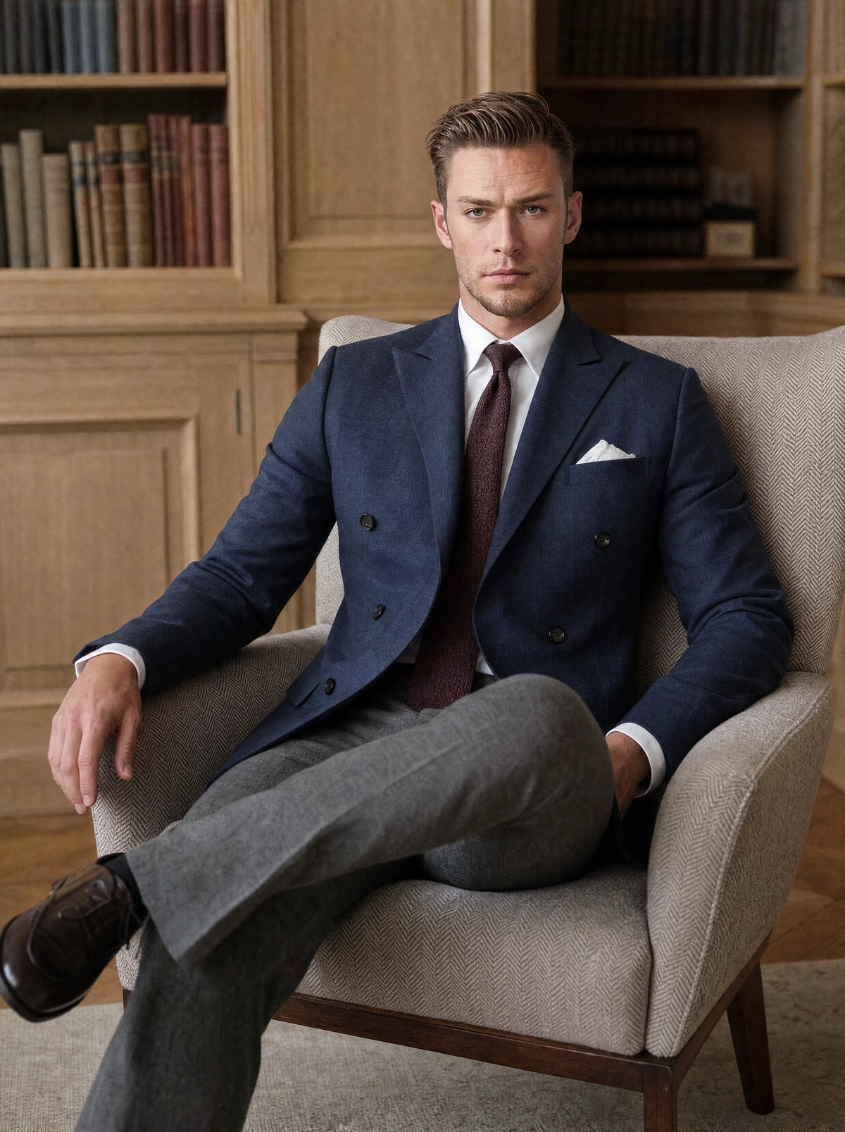 Midnight Blue Prince of Wales Jacket worn by a model, club reading room375