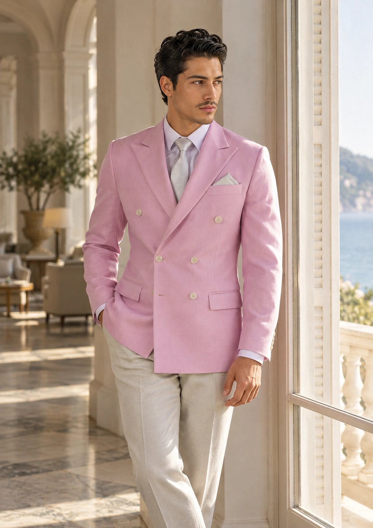 Waverly Lilac Linen Blend Jacket worn by a model, coastal hotel lobby596