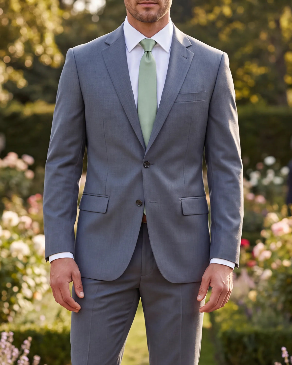 Mid-gray is one of the safest suit colors for a wedding guest, along with navy and charcoal.