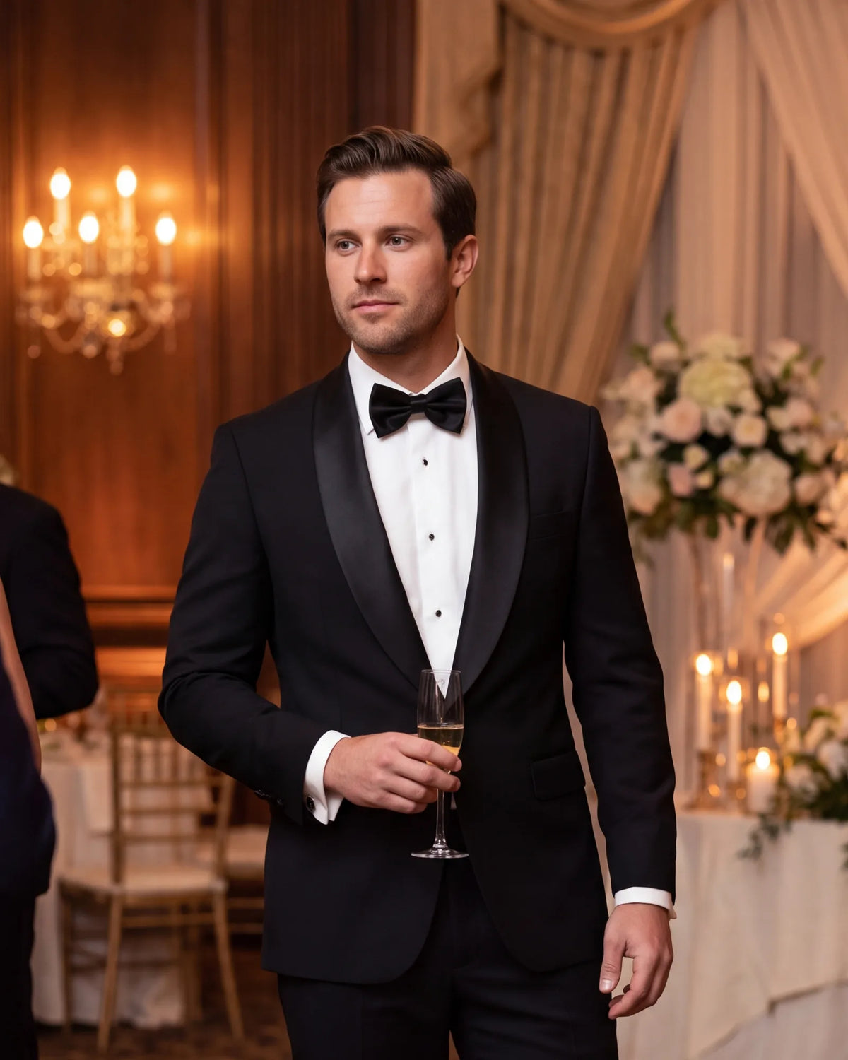 Black tie means a tuxedo, a white tuxedo shirt and a black bow tie. At black tie optional, a tuxedo is welcome but a dark suit also works.
