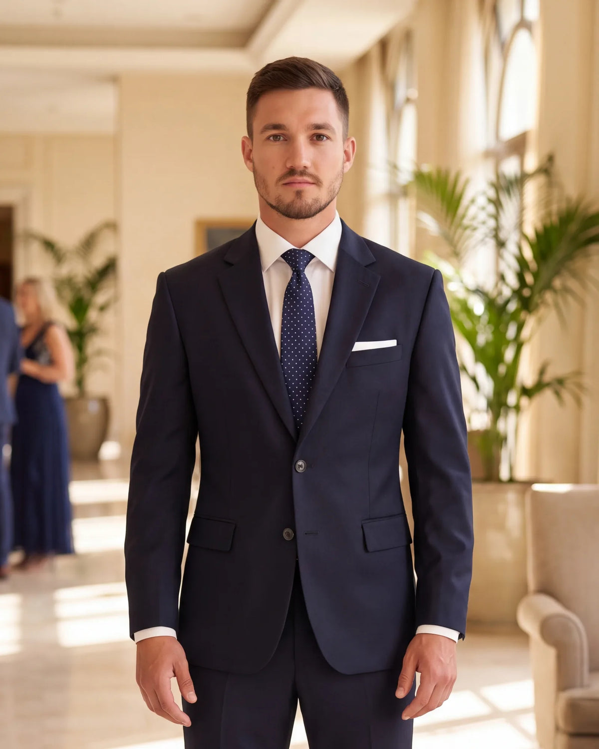 A navy suit can move up or down a dress code with a new shirt, tie and shoes.