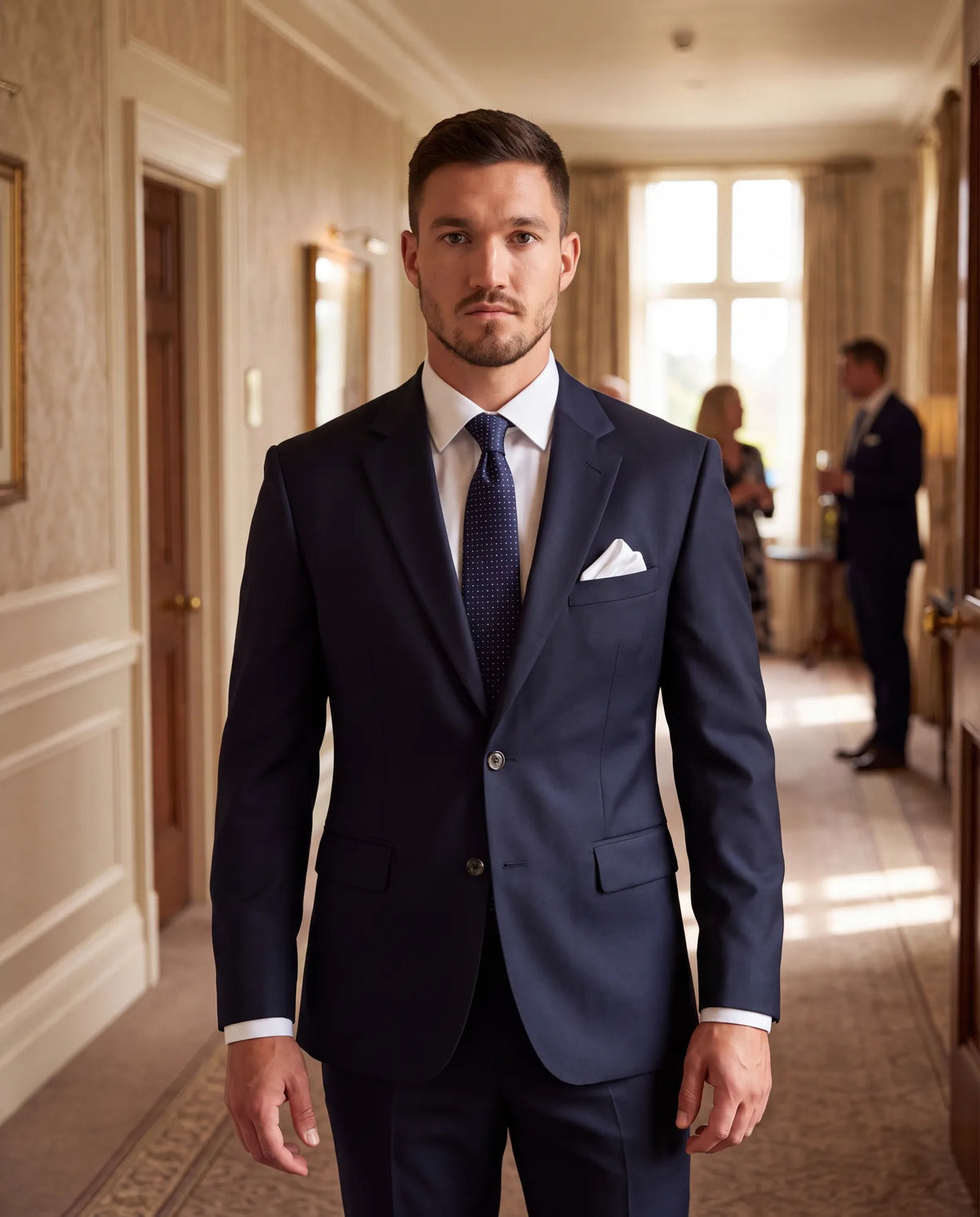 A white shirt, dark silk tie and white pocket square take this navy suit to black tie optional or formal.