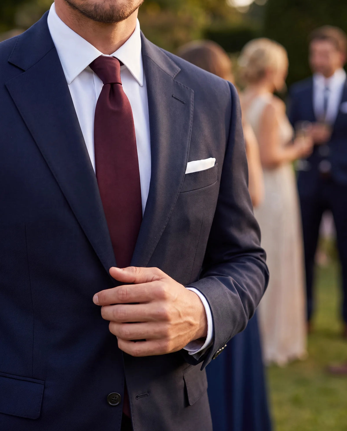 A solid burgundy tie keeps attention on the couple. Leave loud patterns and novelty ties at home.